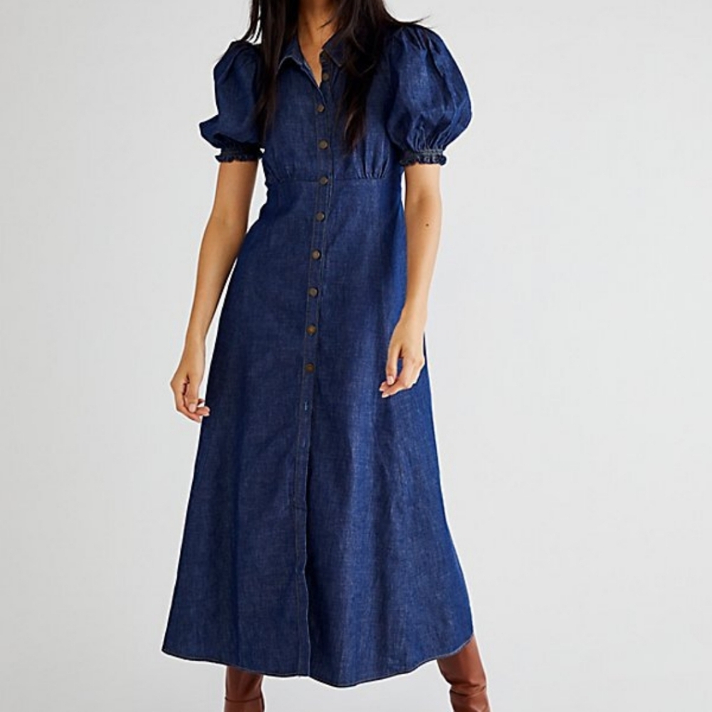 Shelby & Palmer Dark Blue Denim Button-Front Maxi Dress